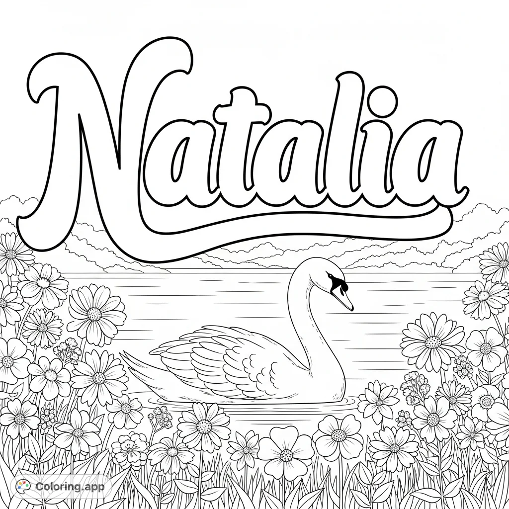 A beautiful Natalia coloring page featuring the name in elegant cursive bubble letters, an elegant swan, and tranquil lake flowers. Perfect for personalization!