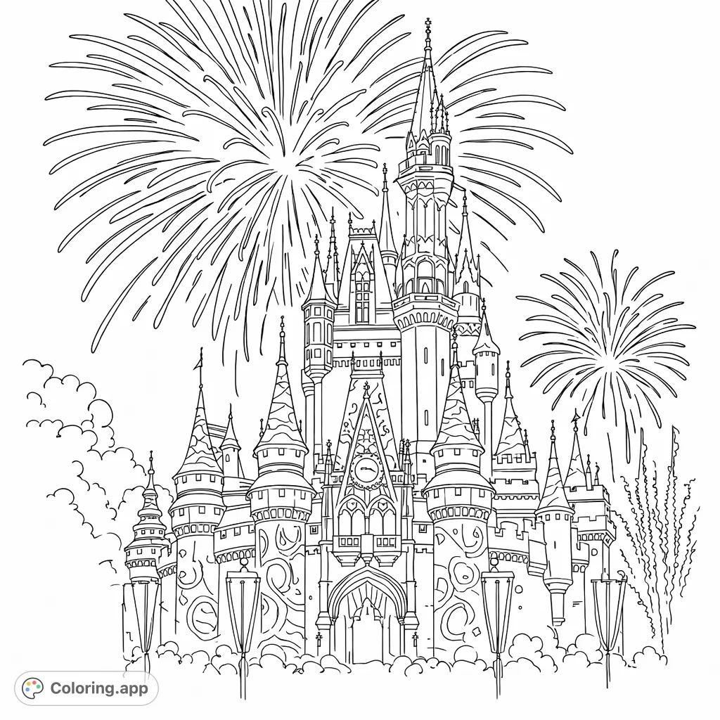 An enchanting castle with majestic spires and intricate details, illuminated by spectacular fireworks bursts in the night sky. A magical scene for coloring.