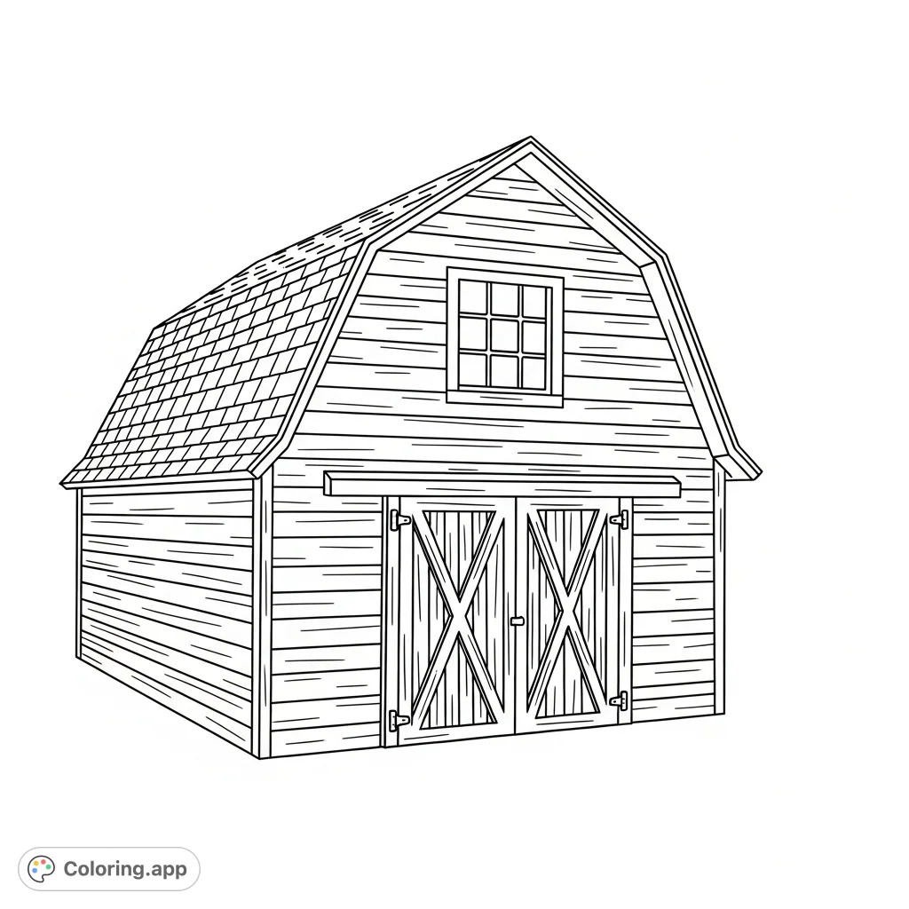A charming, small barn with a gabled roof, wooden plank walls, and a large double-door, perfect for a peaceful farm-themed coloring page.