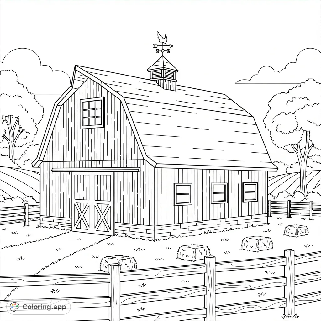 Explore a charming medium-sized barn set in a peaceful countryside. This free printable barn coloring page offers rustic details for all ages to enjoy.