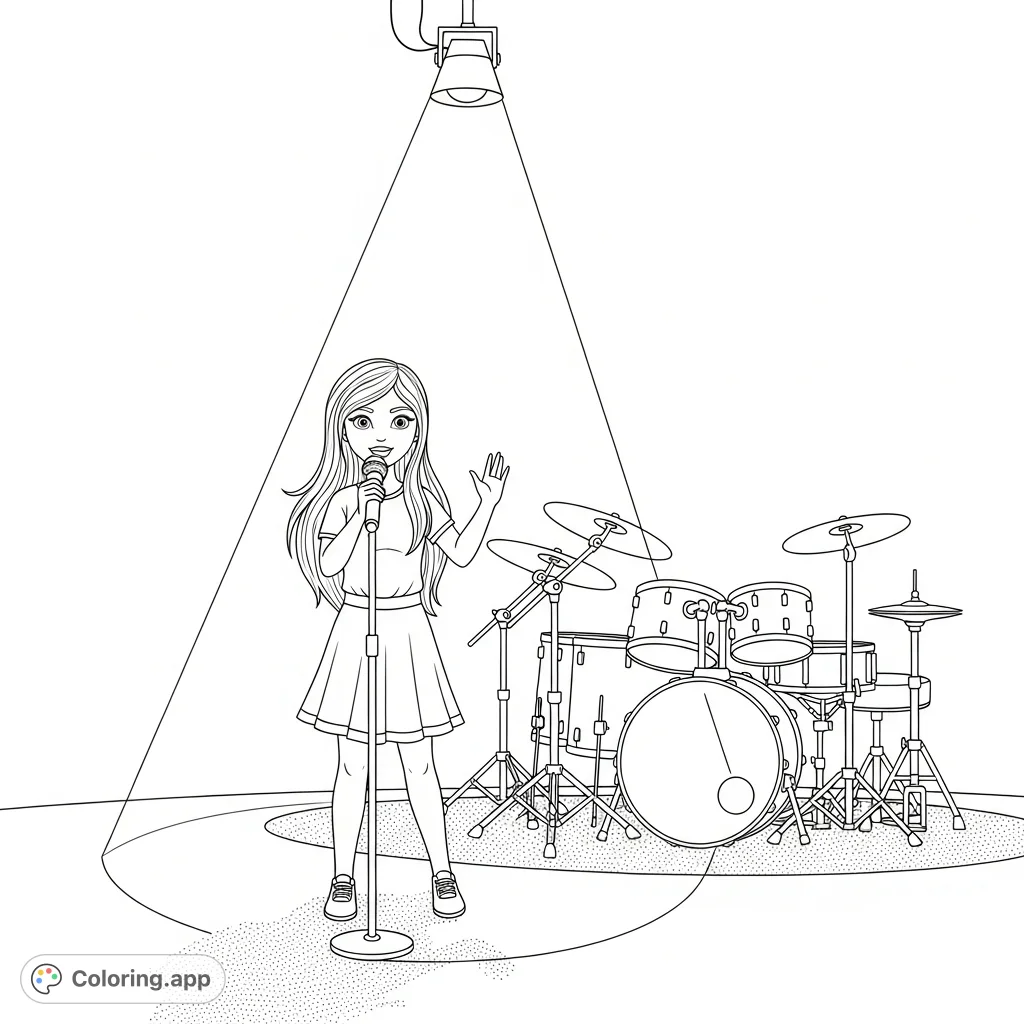 A dynamic coloring page featuring a girl singer with long hair, holding a microphone on stage under a spotlight, with drums in the background.