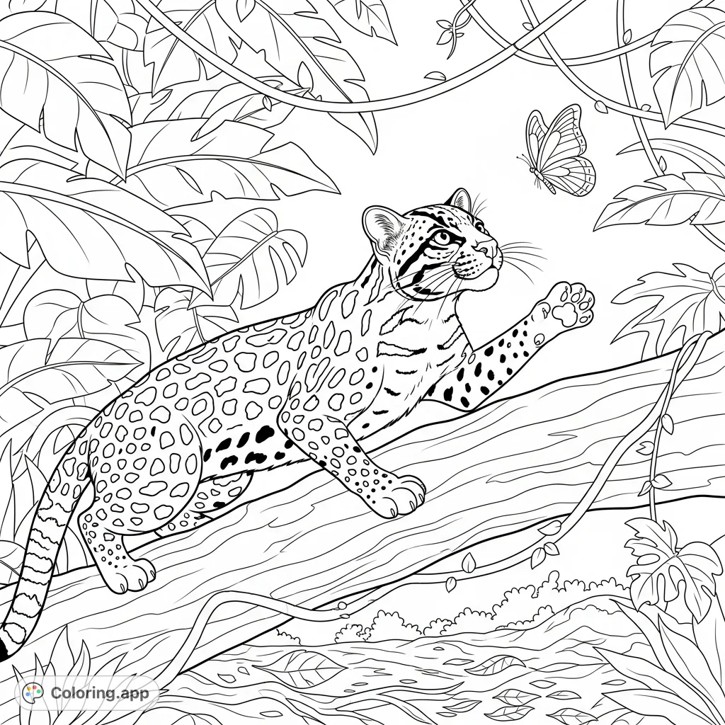 A captivating ocelot in a lush jungle setting, poised on a branch, about to catch a beautiful, fluttering butterfly. Perfect for nature lovers.