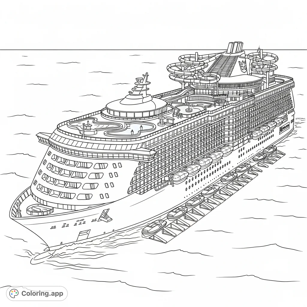 Embark on a creative voyage! Color a magnificent Royal Caribbean Cruise ship with dazzling pools, twisting water slides, and ocean views.