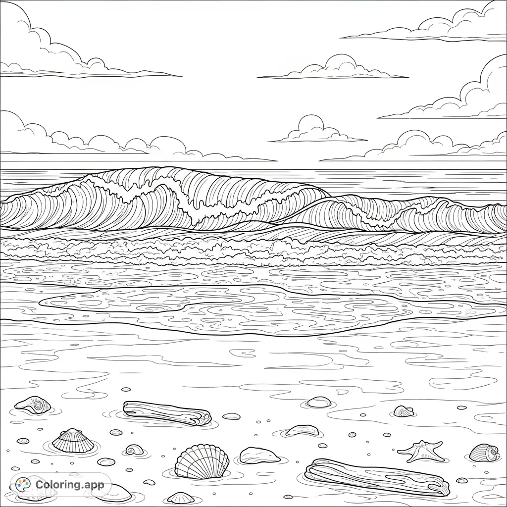 Capture the tranquil beauty of a sandy beach with breaking waves, scattered shells, and vast skies. A relaxing beachfront coloring page.