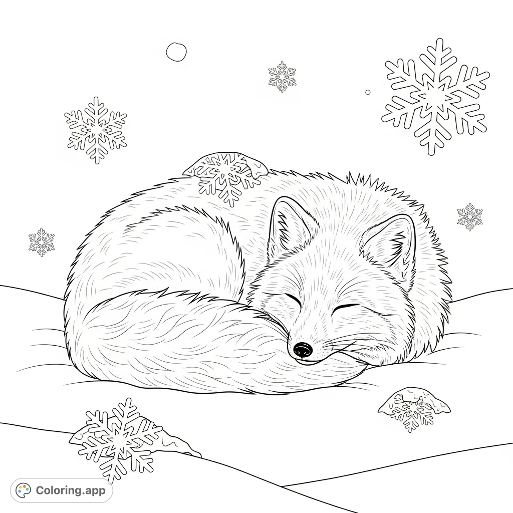 Discover a serene arctic fox coloring page, featuring a peacefully sleeping fox amidst falling snowflakes. A perfect free printable coloring page for tranquility.