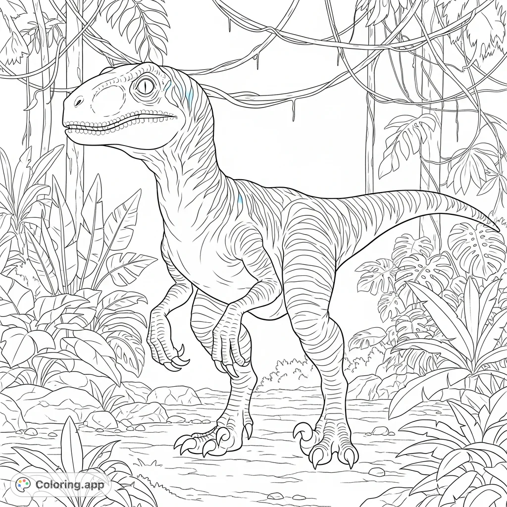 Capture the thrilling essence of Blue, the iconic Velociraptor from Jurassic World, in a dynamic jungle scene. A captivating dinosaur coloring page.