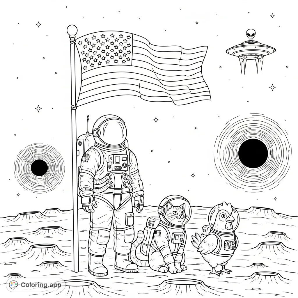 A whimsical space adventure awaits! An astronaut, cat, and chicken stand on the moon near an American flag, with an alien ship and black hole in the cosmic background.