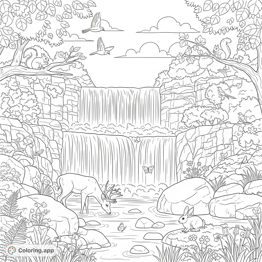 A serene nature scene featuring a majestic, multi-tiered waterfall cascading into a pool where deer, rabbits, squirrels, and birds gather amidst lush foliage.