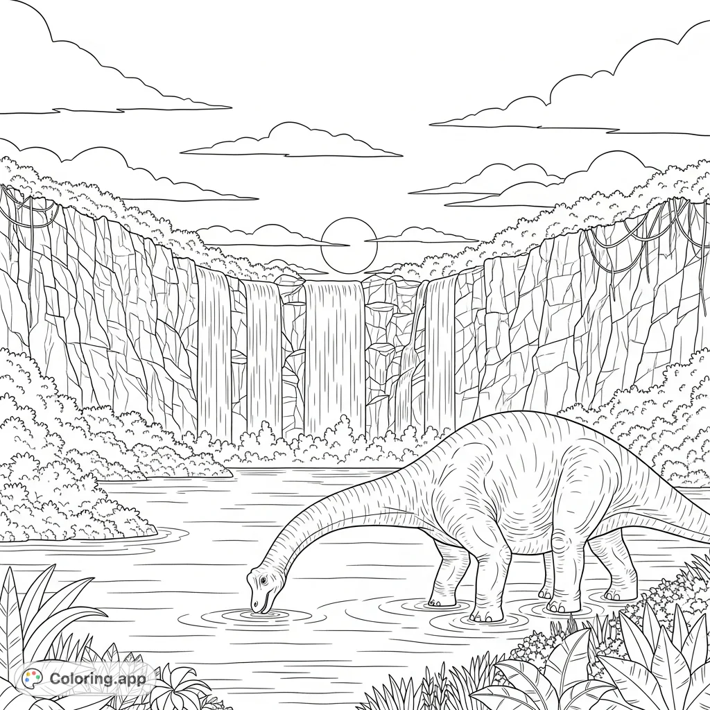 Journey back to a primeval landscape! A majestic dinosaur drinks from a tranquil lake, fed by a towering waterfall under a setting sun.