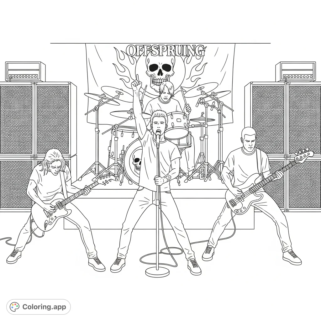 Capture the raw energy of The Offspring with this dynamic coloring page! Features Dexter Holland, Noodles, and the band performing live on stage amidst their iconic logo.
