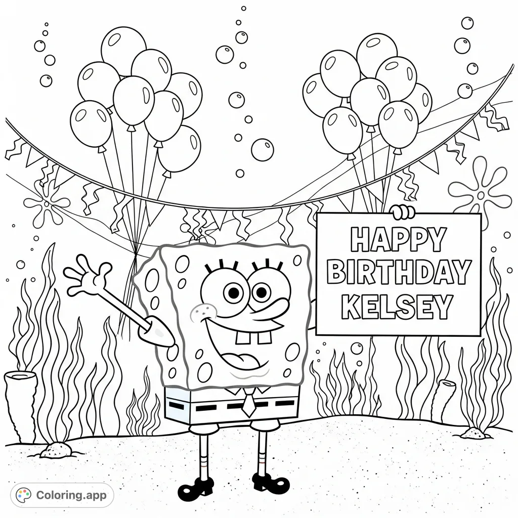 Join Spongebob Squarepants for a festive underwater birthday celebration, complete with a personalized sign for Kelsey, balloons, and waving seaweed.