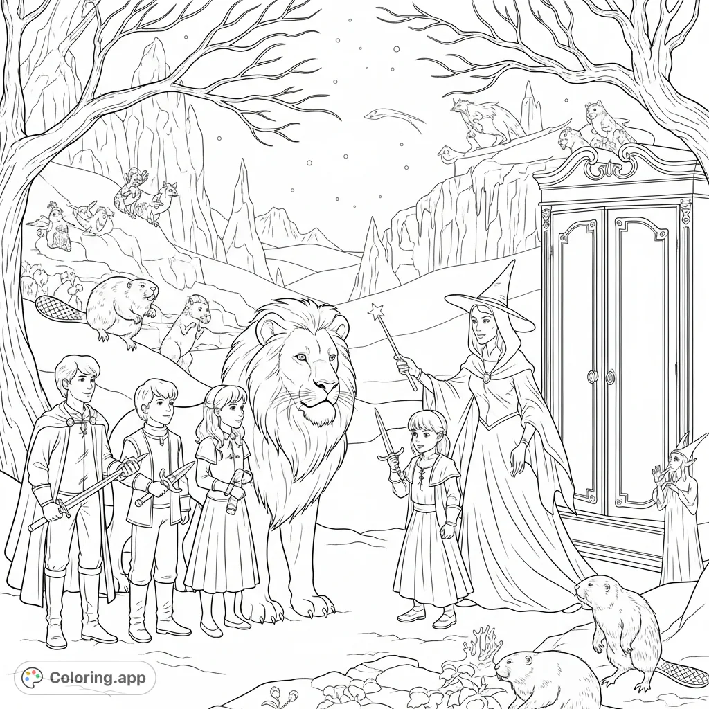Step into the magical world of Narnia! This free printable Narnia coloring page features Aslan, the Pevensie children, and the White Witch in a snowy landscape.