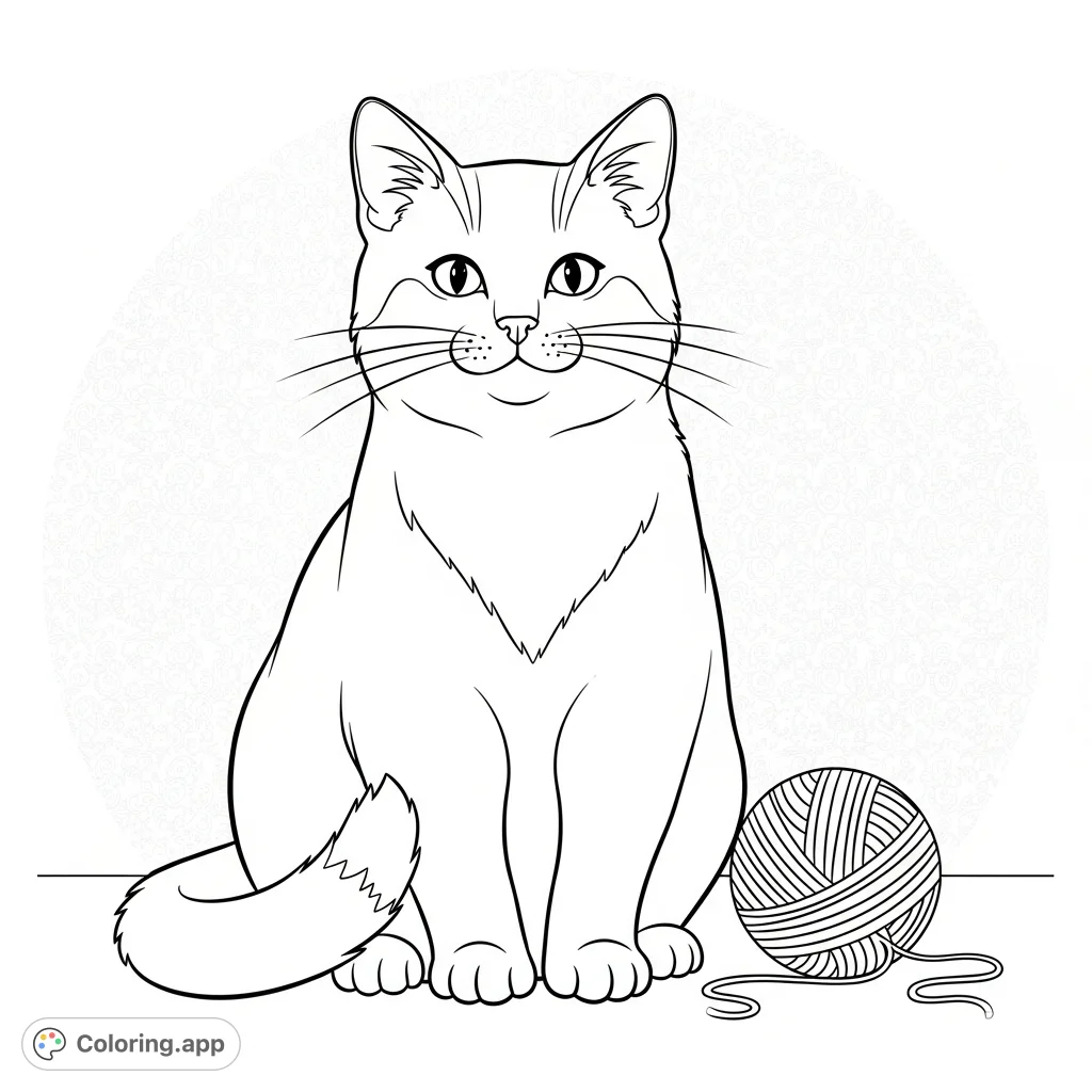An adorable cat coloring page, perfect for young artists. Features a friendly feline curled up beside a ball of yarn, ready for a burst of color.