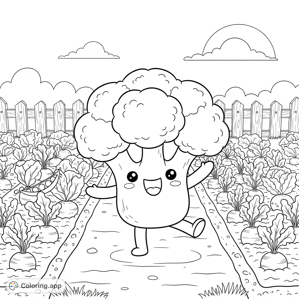 An adorable kawaii broccoli character playfully leaping amidst various vegetables in a charming garden scene. A delightful free printable coloring page for all ages!