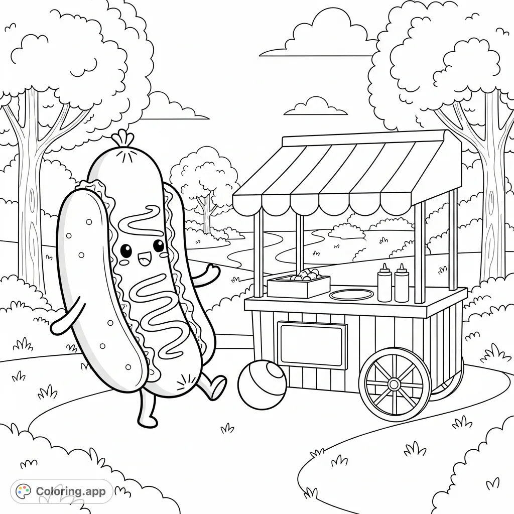 An adorable anthropomorphic hot dog character plays happily by its hot dog stand in a lively park, ready for a fun coloring adventure. Get this free printable hot dog coloring page today!