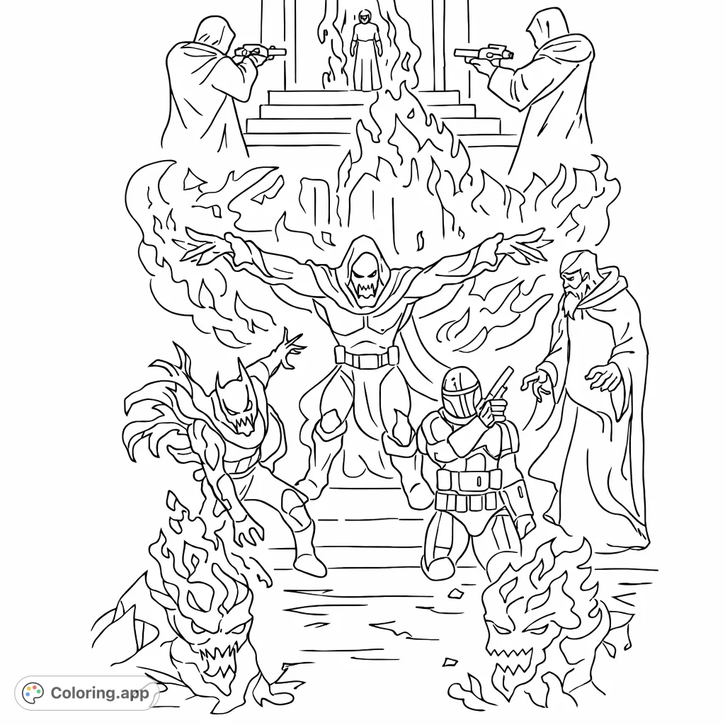 Dive into a futuristic battle scene! This easy comic-style coloring page features armored heroes, robots, and dynamic creatures for thrilling creative fun.