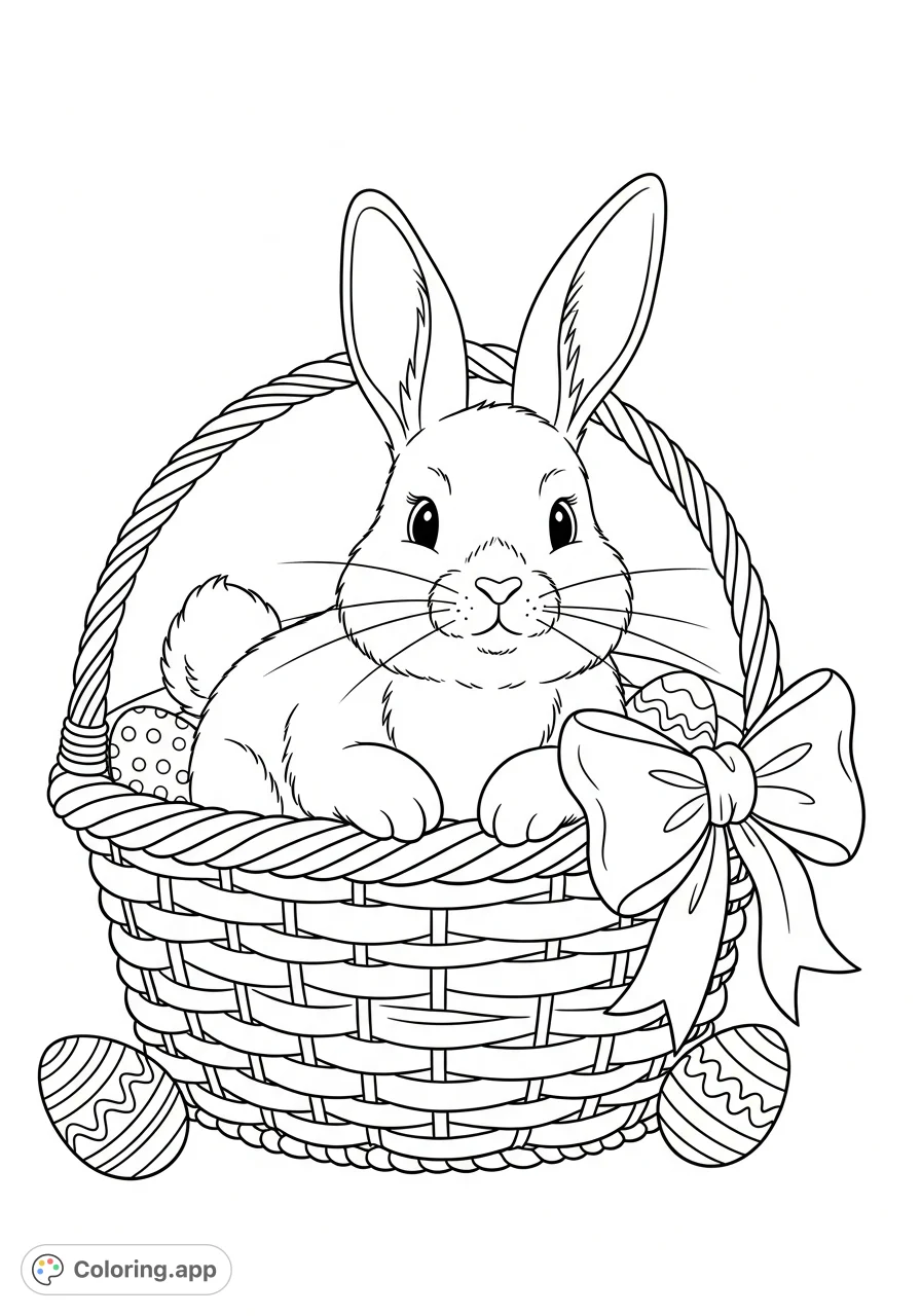 A delightful Easter bunny nestled in a woven basket with decorated eggs, perfect for a joyful coloring experience for kids. Clean lines and clear shapes.