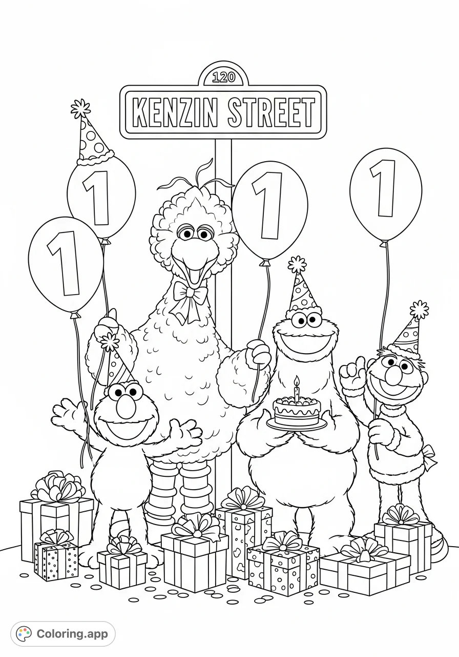 Join Elmo, Big Bird, Cookie Monster, and Grover for a joyous birthday on Kenzin Street! A delightful free printable Sesame Street coloring page.