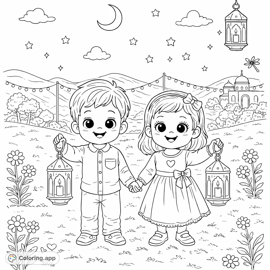 Adorable children holding lanterns, standing hand-in-hand against a festive backdrop with moon, stars, and charming buildings.