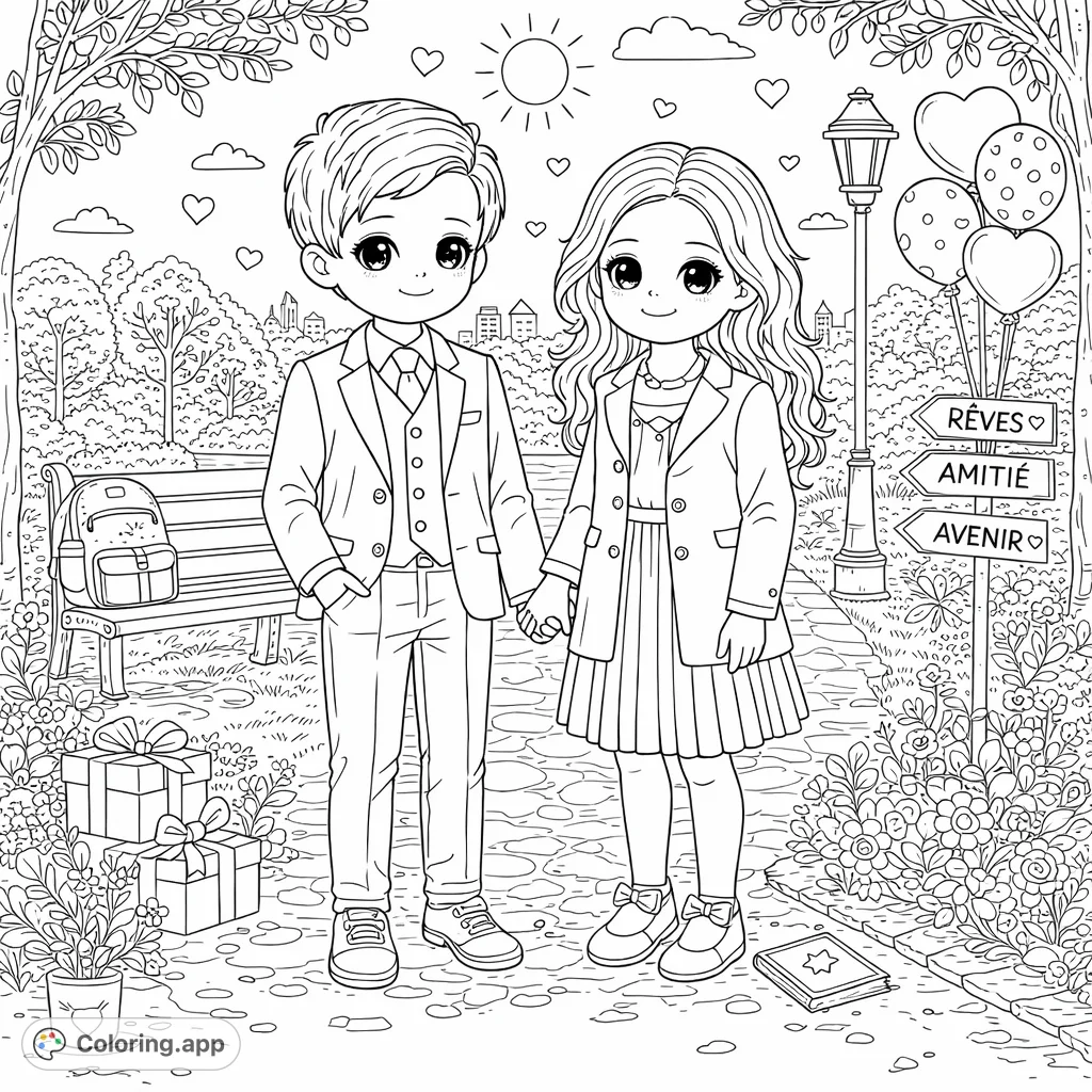 A heartwarming scene of two friends holding hands in a park, surrounded by signs of dreams, friendship, and the future. Perfect for celebrating special bonds.