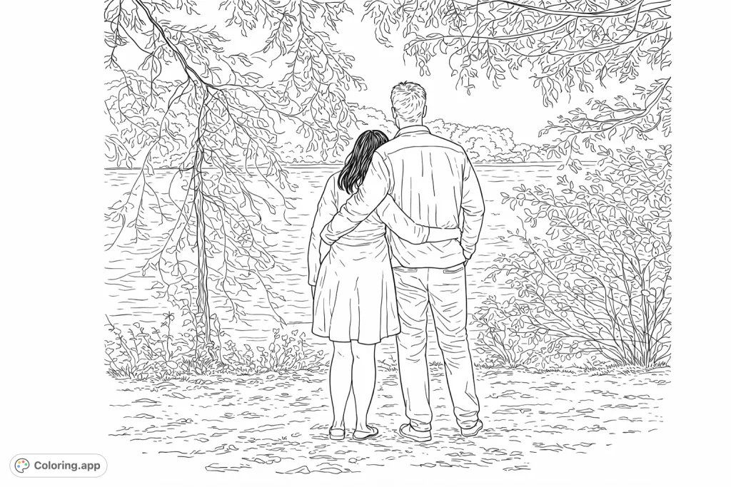 Capture a moment of connection with this romantic couple coloring page. A pair stands by a serene river, surrounded by intricate autumn foliage.