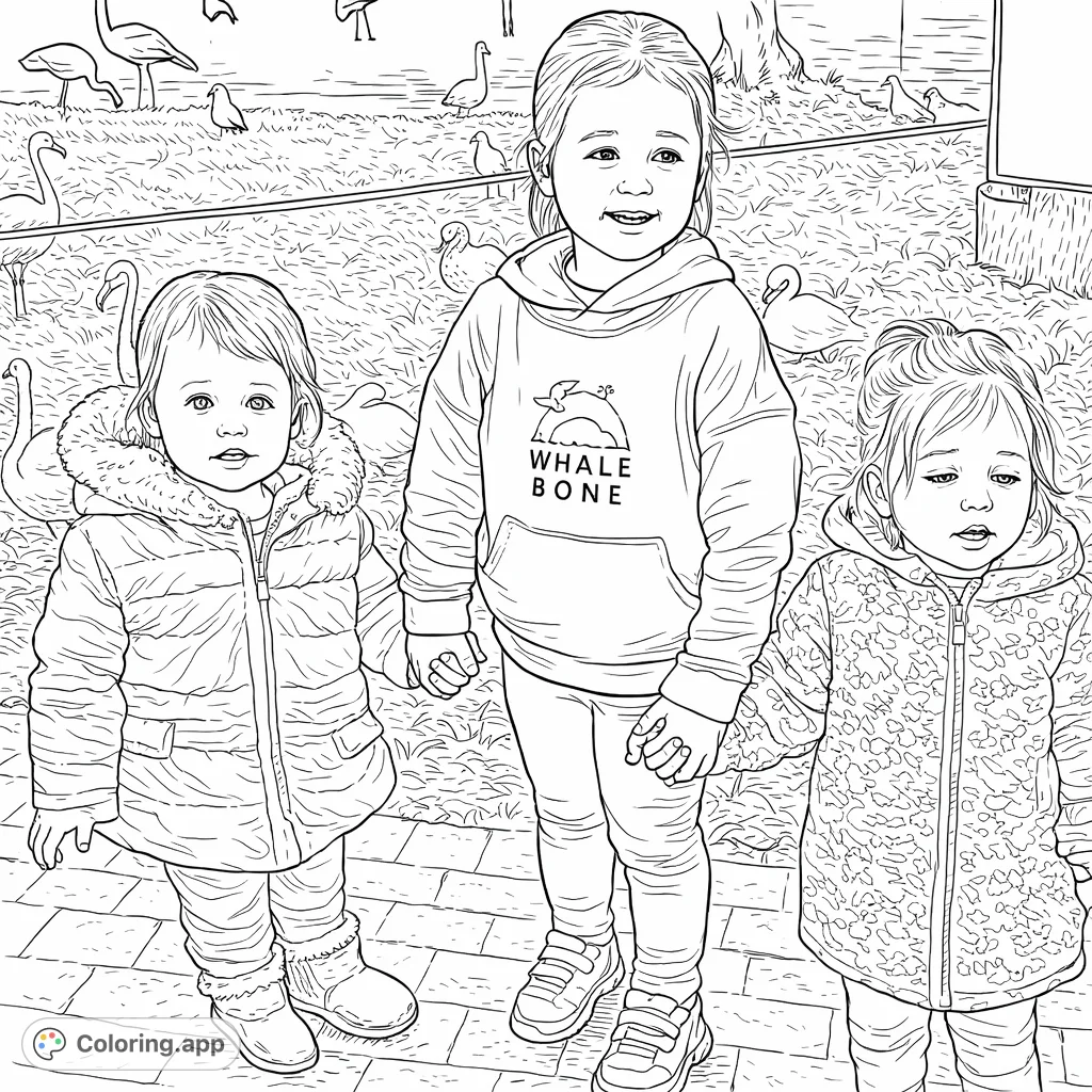 A delightful scene featuring three children holding hands, surrounded by various birds near a pond. Perfect for young colorists to bring to life.