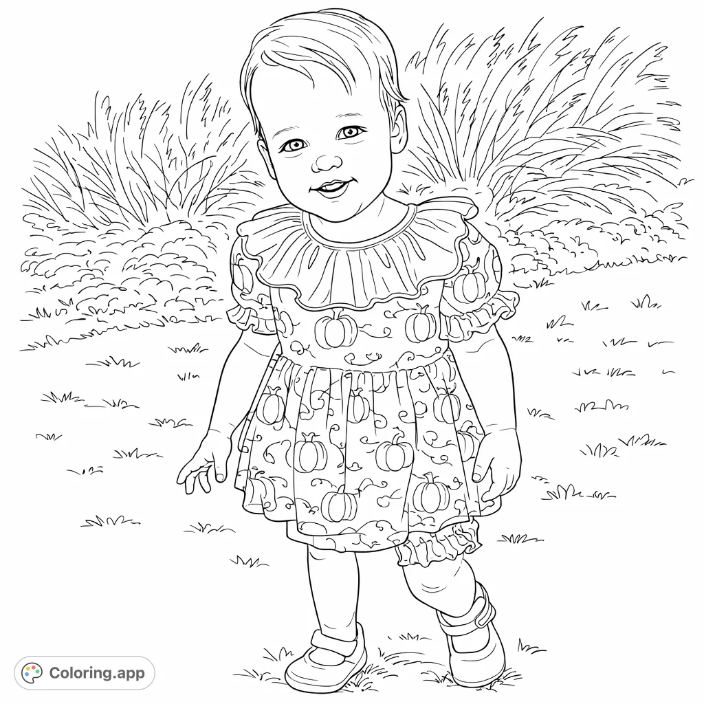A charming coloring page features a happy child in a pumpkin-patterned outfit, standing amidst a grassy outdoor scene. Perfect for seasonal fun!