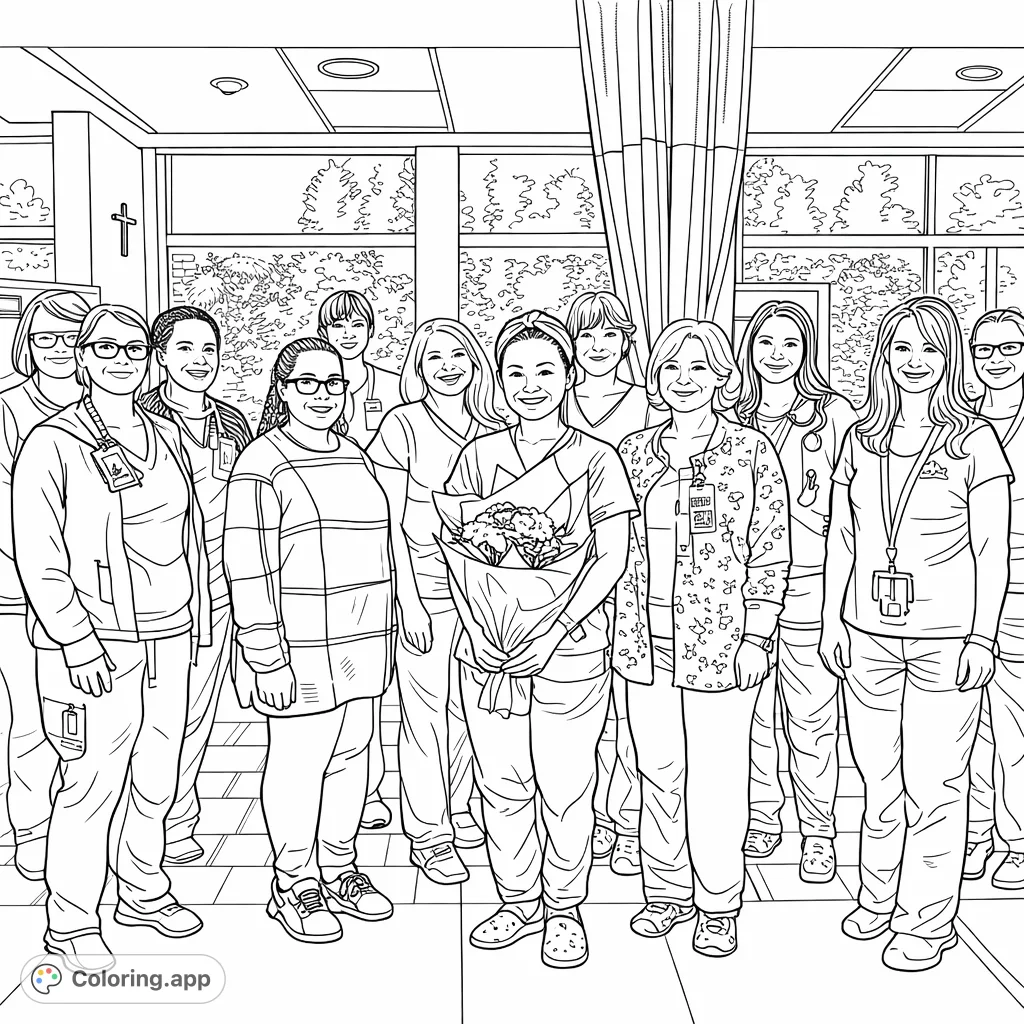 Celebrate dedicated healthcare professionals with this inspiring group portrait coloring page. Perfect for expressing gratitude and creativity.