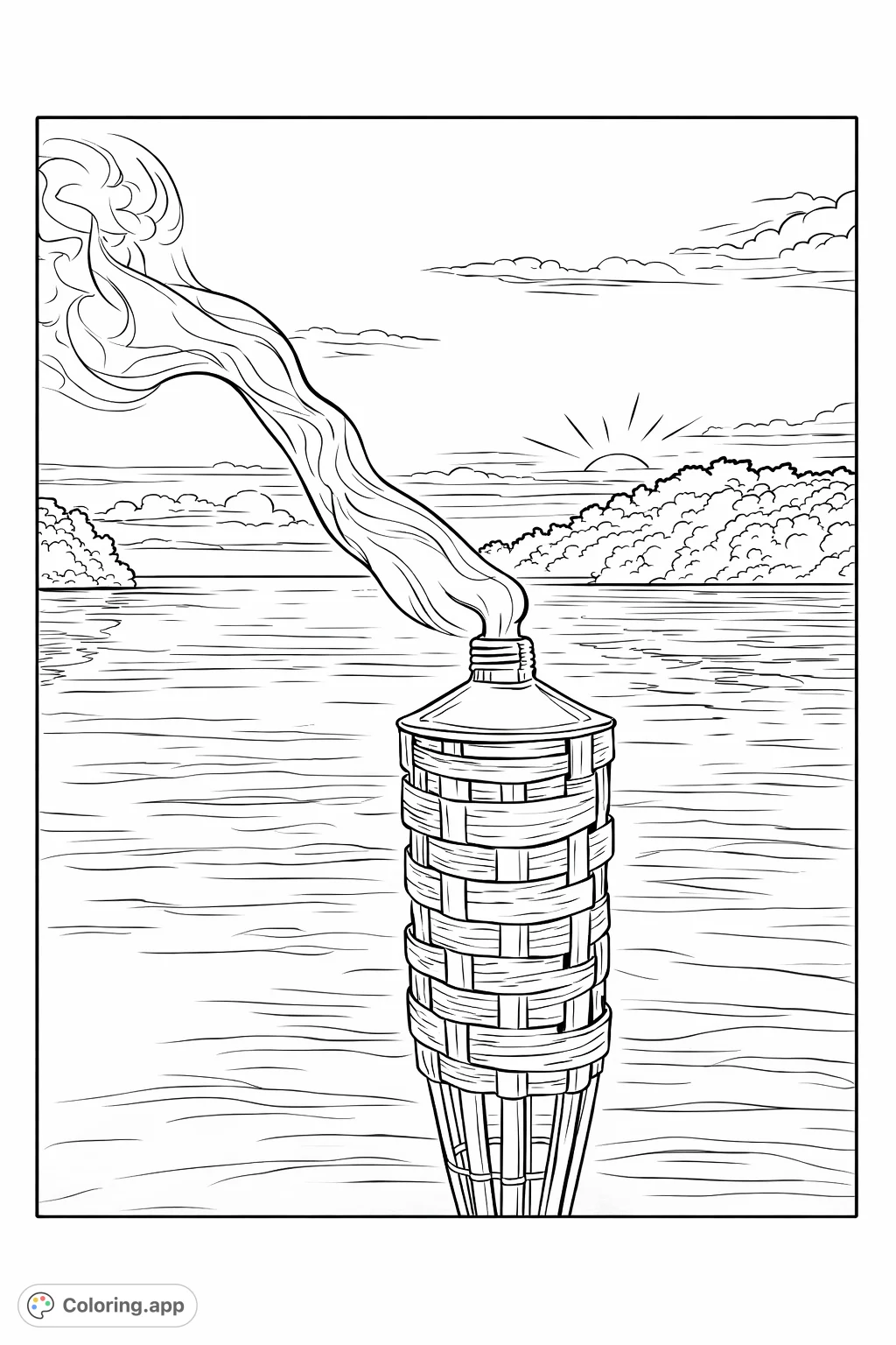A mesmerizing tropical torchlight scene with a woven tiki torch and a dynamic flame, set against a serene water and island backdrop under a vast sky.