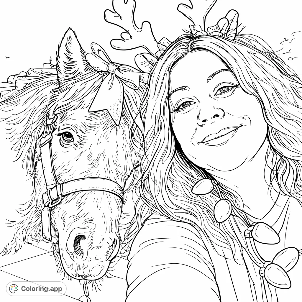 A delightful festive scene featuring a smiling woman with reindeer antlers and a horse adorned with a bow and holiday decor. Perfect for a cheerful coloring activity!