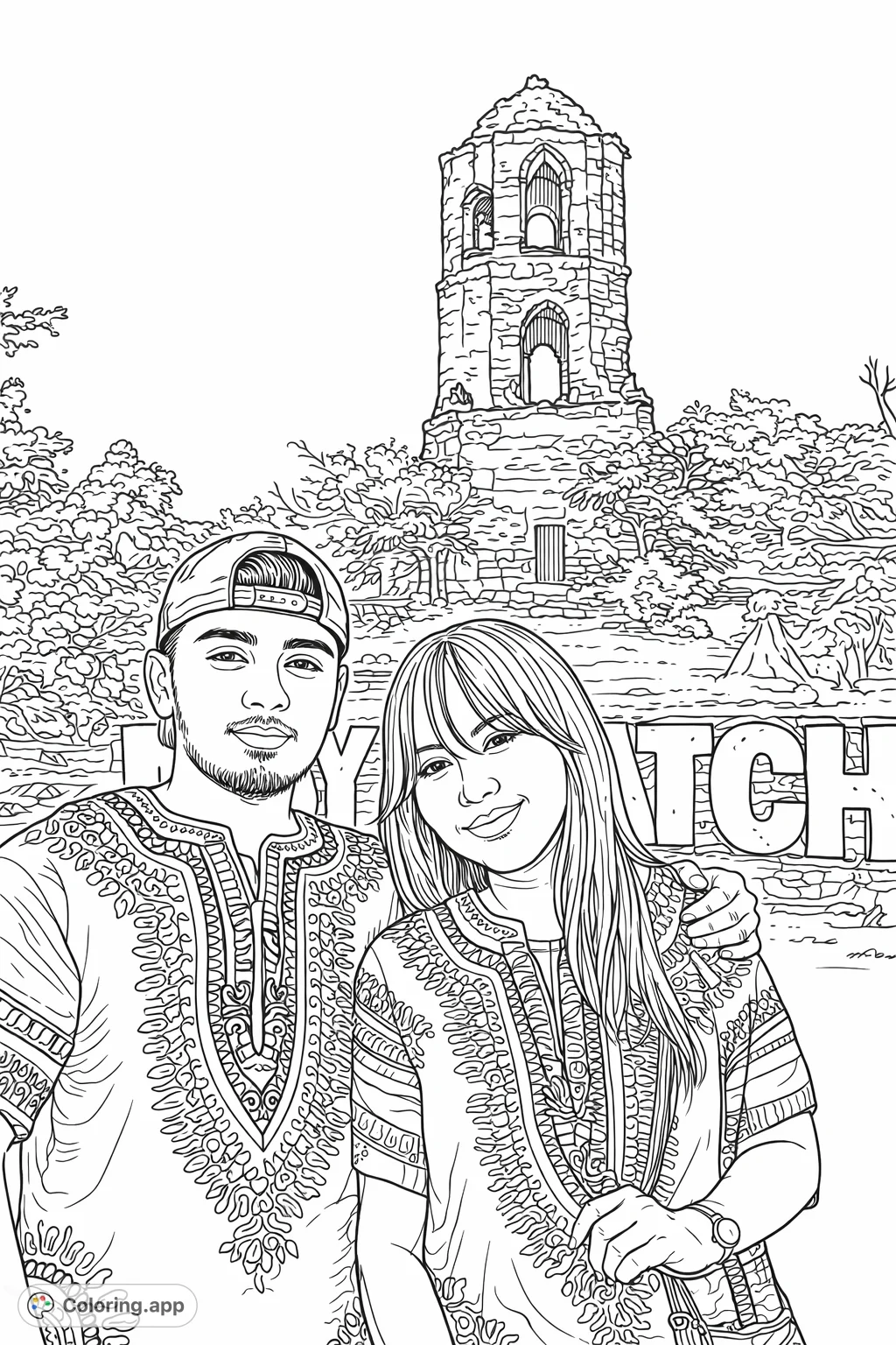 A captivating travel coloring page featuring a couple in patterned tunics before a majestic, ancient stone tower. Perfect for history and pattern lovers.