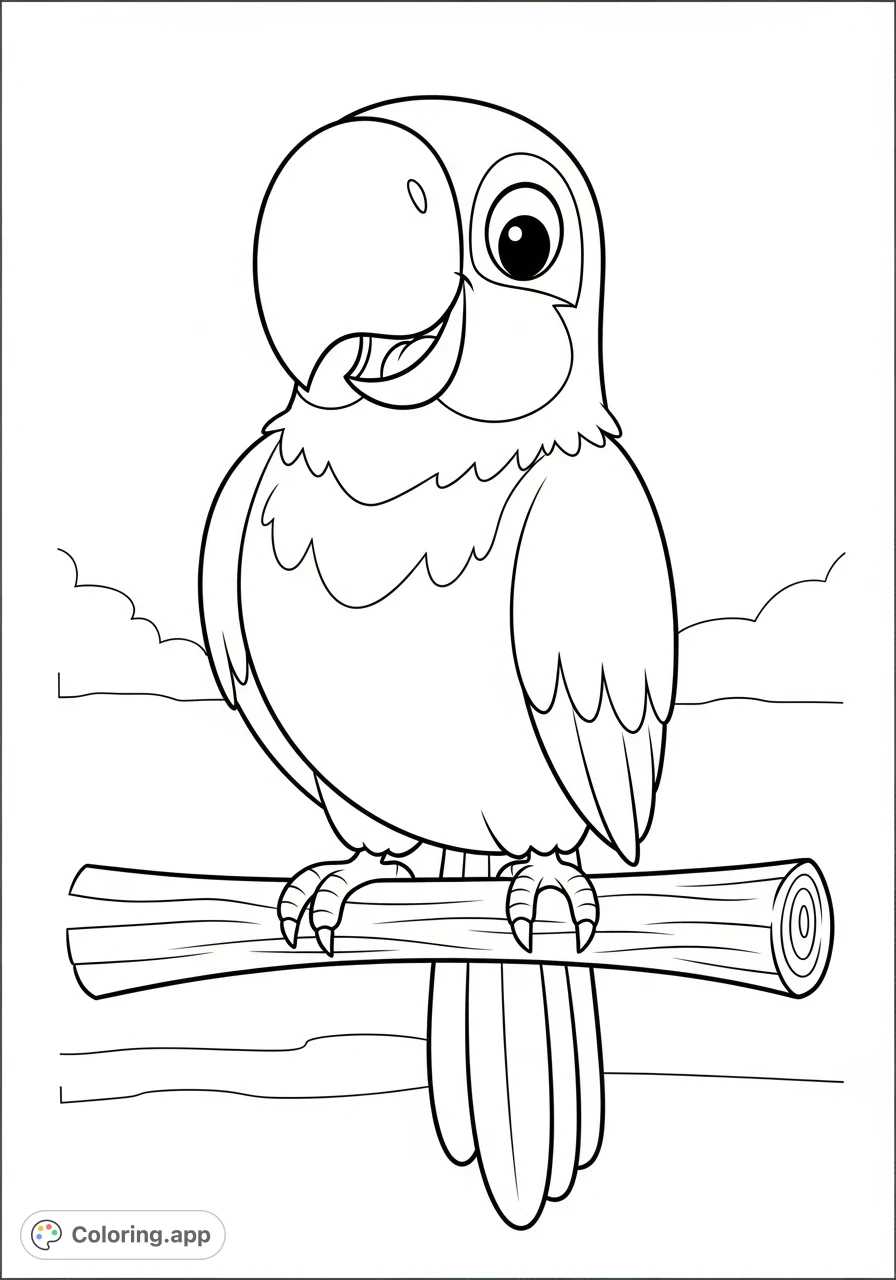 A friendly cartoon parrot with big, expressive eyes perches on a branch, ready to be filled with imagination. Perfect for young colorists to explore creativity.