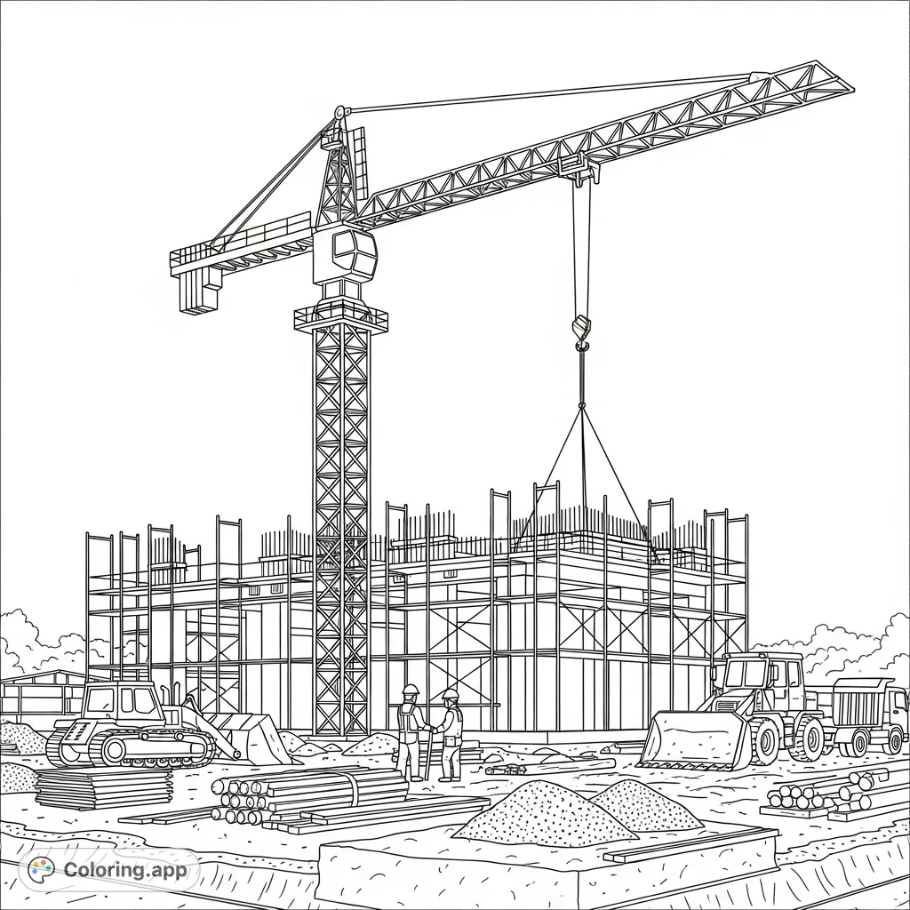 Explore a dynamic construction site featuring a towering crane, busy workers, and heavy machinery amidst building materials and a partially built structure.