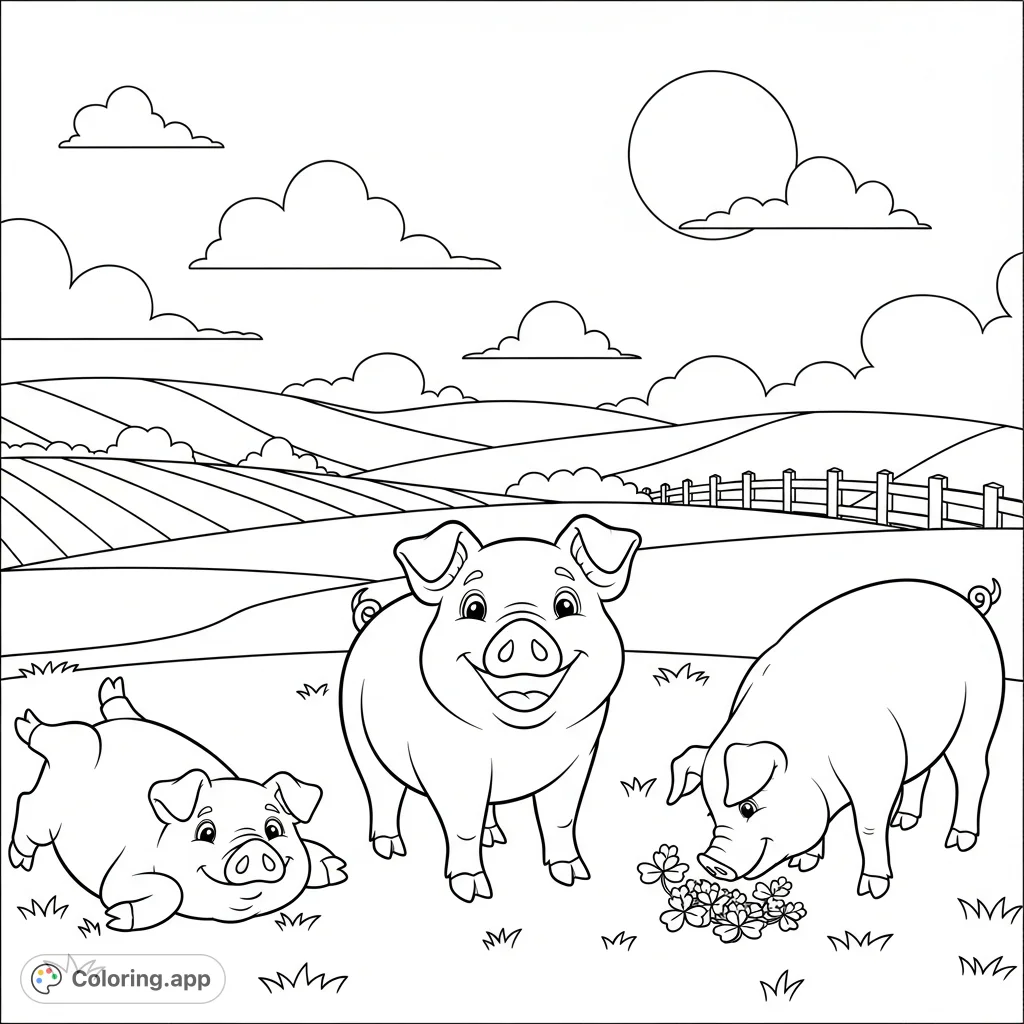 Discover a charming pigs coloring page featuring three cheerful pigs in a vast field with rolling hills and fluffy clouds. Perfect for kids!