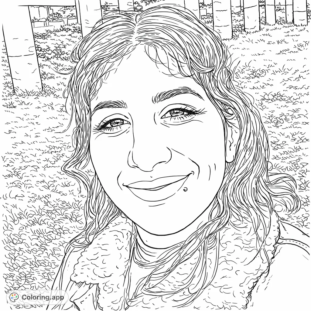 A delightful portrait of a smiling woman amidst natural surroundings, perfect for adding your personal touch. Features lush foliage and a cheerful subject.