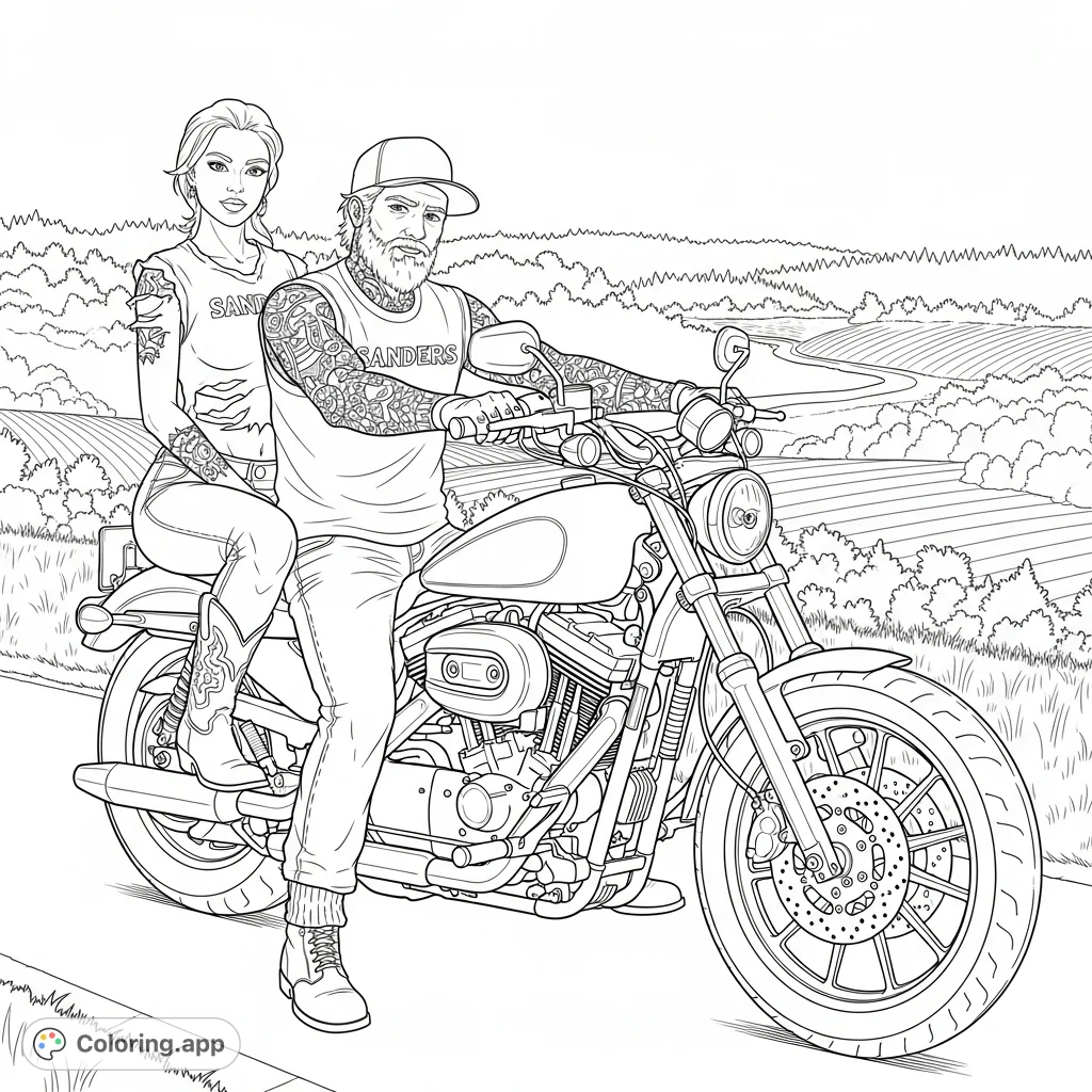 A detailed coloring page featuring a man and woman on a Sportster-style motorcycle, adorned with tattoos and biker apparel, set against a country road, fields, forest, and river.