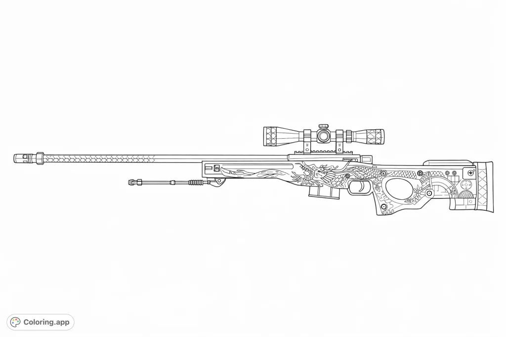 Unleash your creativity with this detailed sniper rifle featuring an ornate dragon and complex geometric patterns. A challenging and rewarding coloring experience!