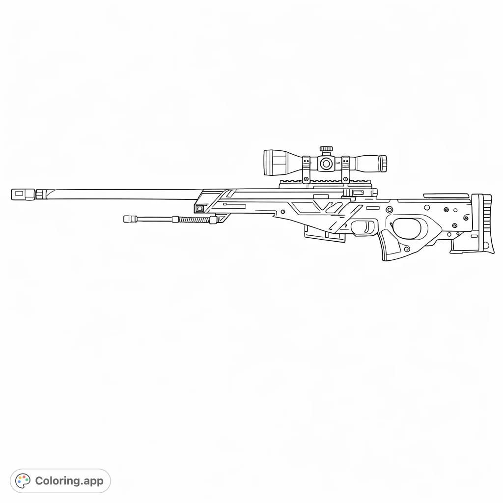 Immerse yourself in a highly detailed futuristic sniper rifle coloring page, featuring intricate geometric patterns, a complex scope, and tactical elements.
