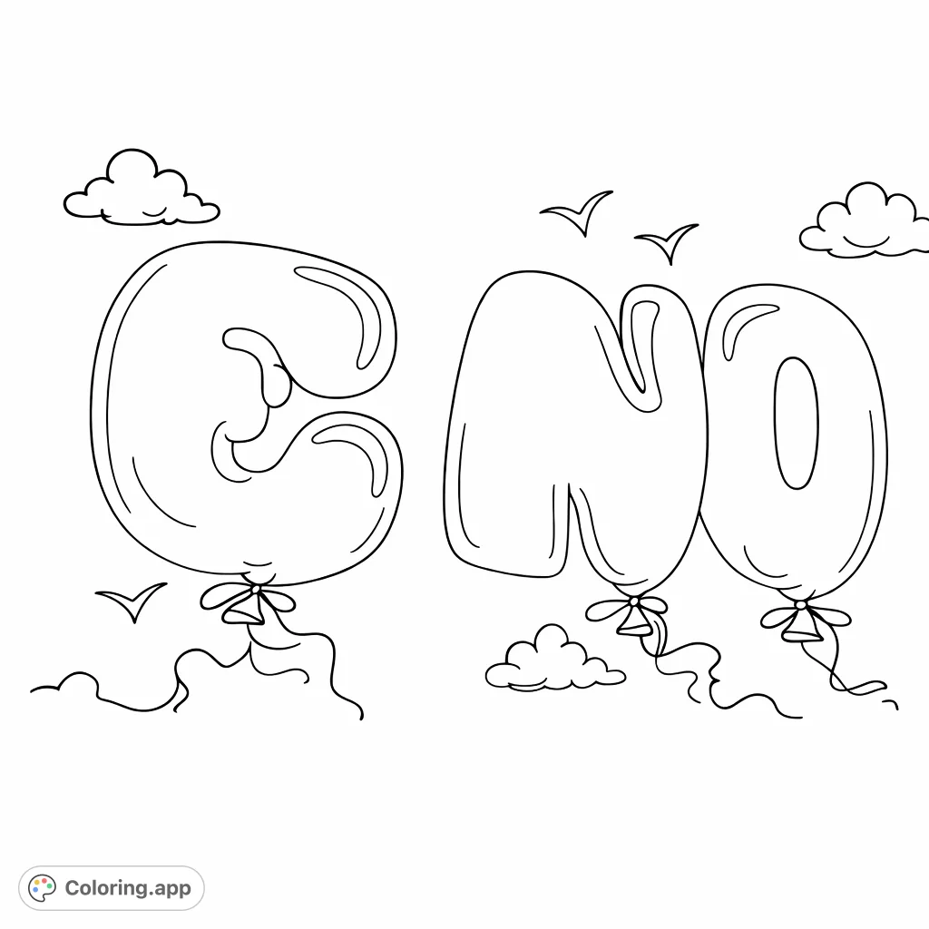 Float into creativity with this charming balloon letters coloring page! Featuring playful bubble letters, whimsical clouds, and soaring birds for a joyful coloring experience.