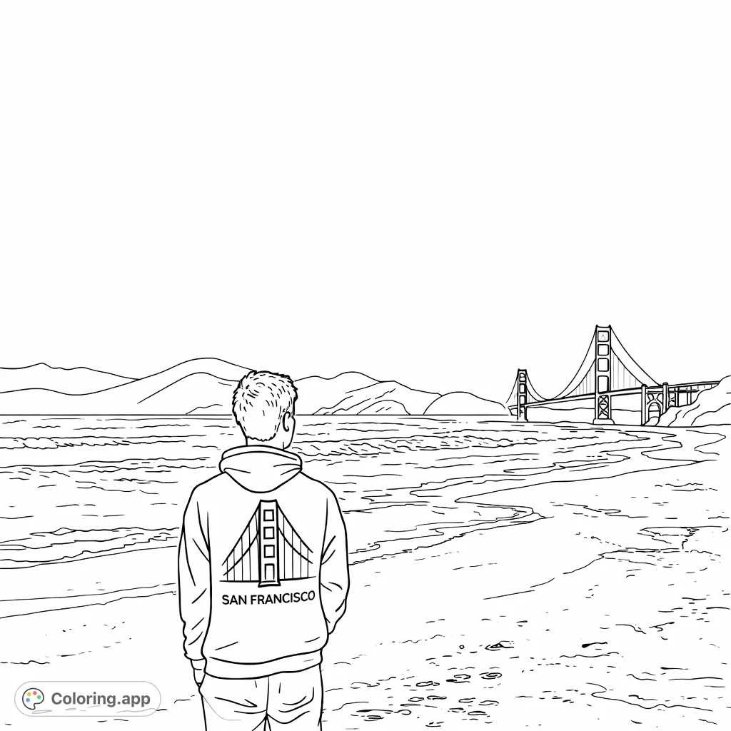 Capture the iconic Golden Gate Bridge and a tranquil beach scene. A person gazes at the majestic landmark and rolling waves against distant hills.