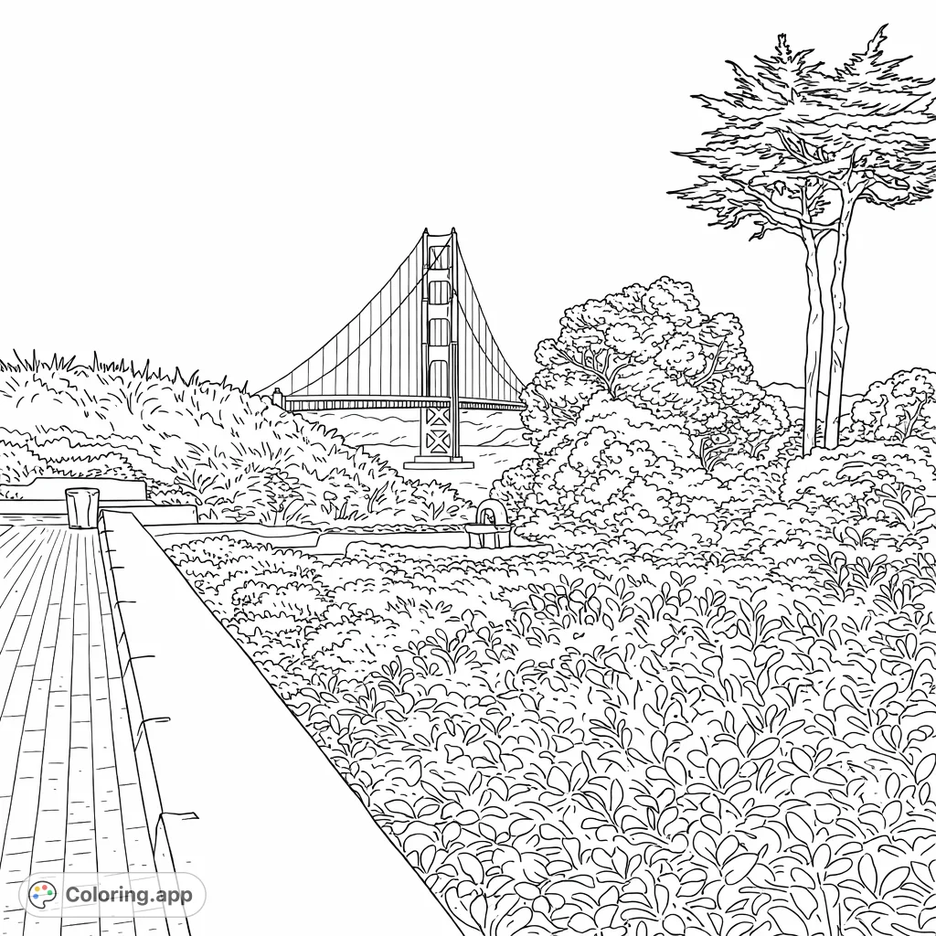 Color a breathtaking landscape featuring a famous suspension bridge, lush foreground foliage, and distant vistas under a soft, hazy sky. Perfect for all ages.