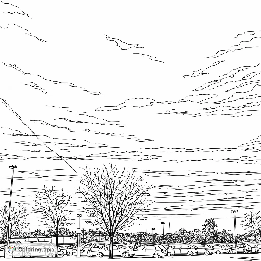 Capture the serene beauty of a twilight sky with layered clouds, silhouetted trees, and a quiet parking lot. A tranquil landscape for creative expression.