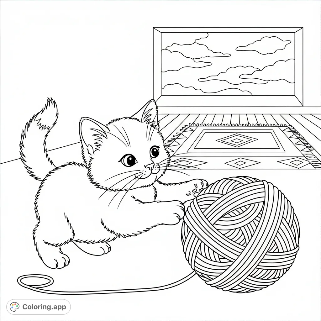 A charming kitten batting playfully at a ball of yarn, with a cozy rug and a window in the background. Perfect for animal lovers of all ages!