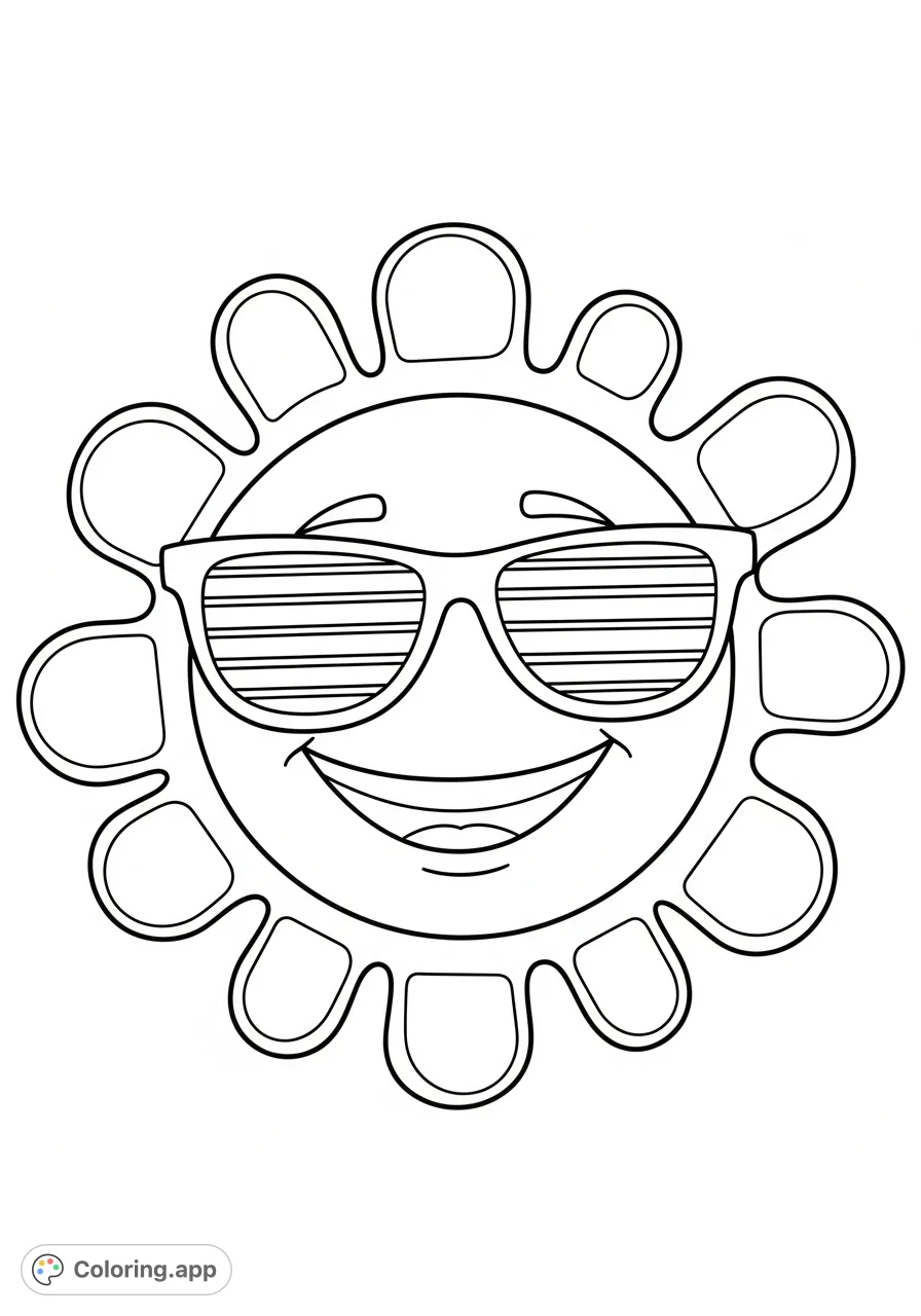 Color a cheerful sun character sporting cool sunglasses and bright, bold rays. This fun and simple design is perfect for a quick, happy creative break.