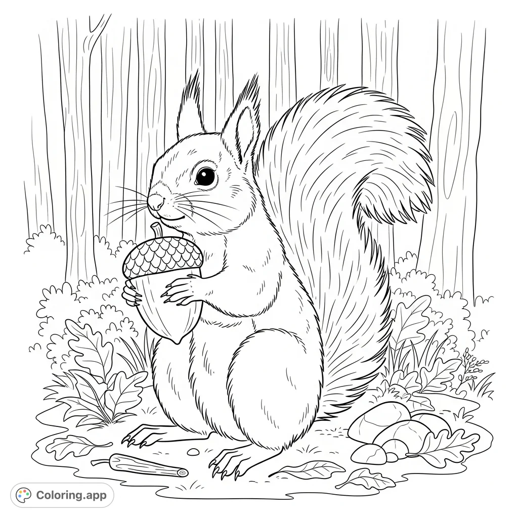 A delightful squirrel enjoys an acorn in a serene forest setting. Perfect for nature lovers and a great free printable squirrel coloring page!