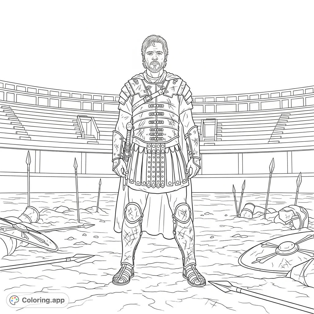 Capture Rassel Crow, general of Roma, standing resolute amidst the desolate gladiatorial arena after battle, his scuffed Roman armor and unwavering will.