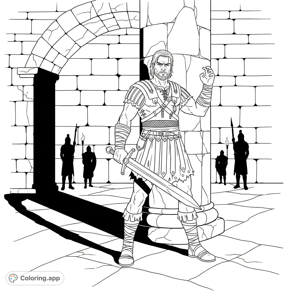 Portrays Rassel Crow, the steadfast general, cornered in a Roman dungeon, gripping his short sword with unwavering defiance against unseen guards.