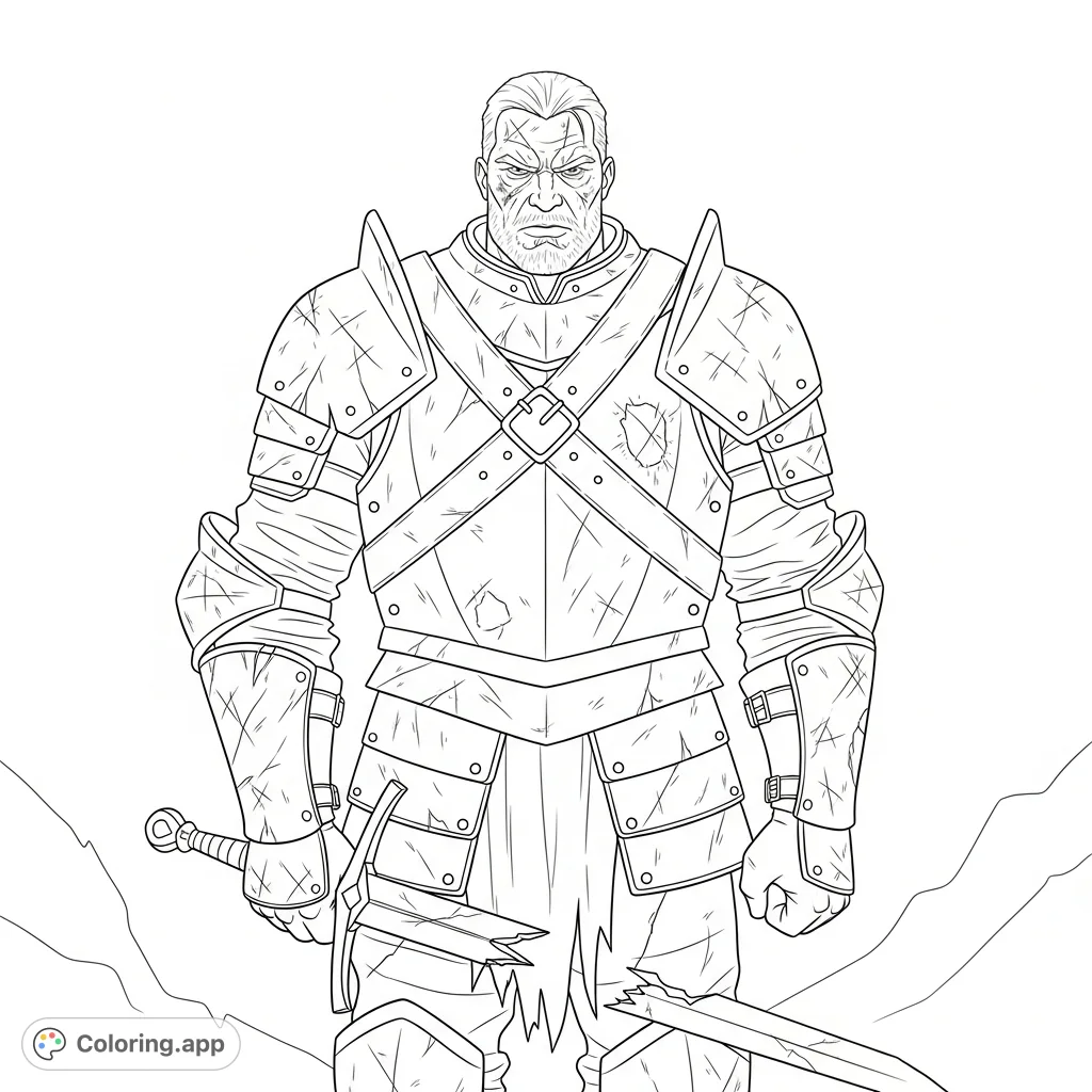 An imposing Roman general, Rassel Crow, stands defiant with tattered armor and a broken sword, showcasing resilience. A powerful historical warrior coloring page.