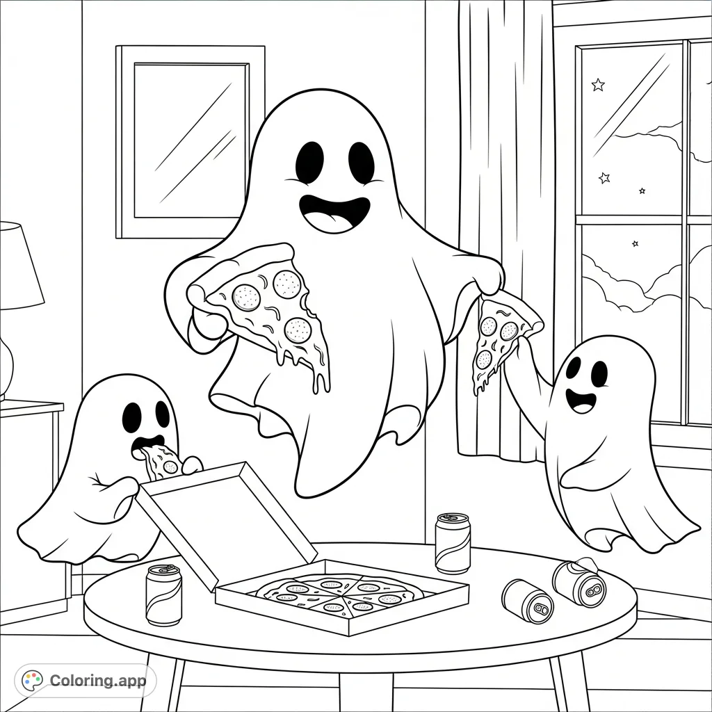 A delightful scene of friendly ghosts enjoying a pizza party, gathered around a table with slices and soda, perfect for a spooky yet fun coloring adventure.
