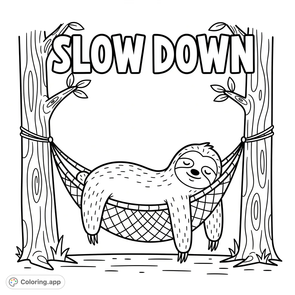 A charming sloth relaxes in a hammock between two trees, with 'Slow Down' text, perfect for a peaceful and mindful coloring page experience.